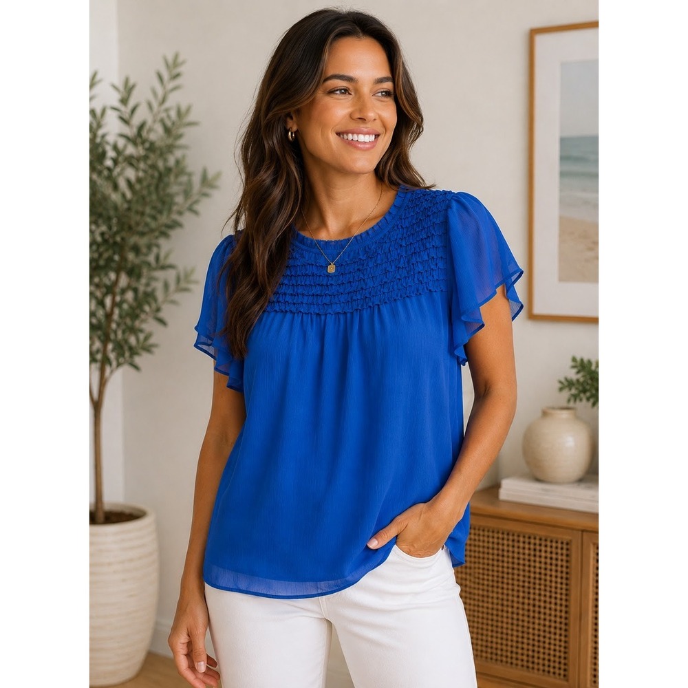 LOFT Cobalt Blue Blouse Size Medium Smocked Ruffle Yoke Flutter Sleeve Top